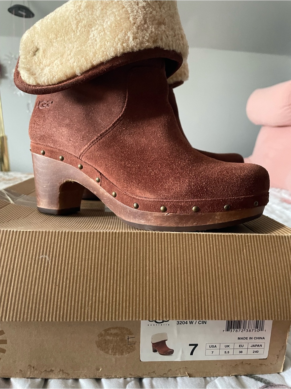 UGG Women's Chestnut Suede Studded Clog with Shearling Cuff